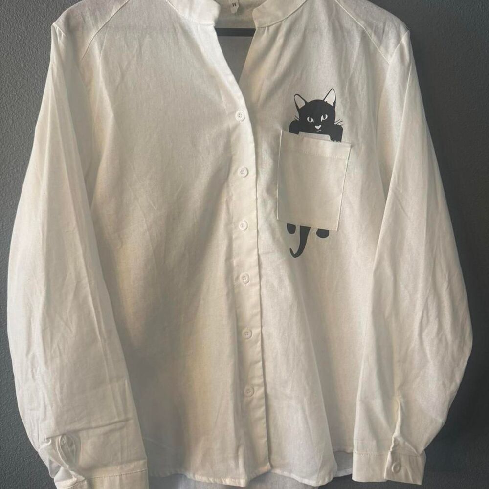 White Long Sleeve Novelty Cat Pocket Women's Button Down Shirt